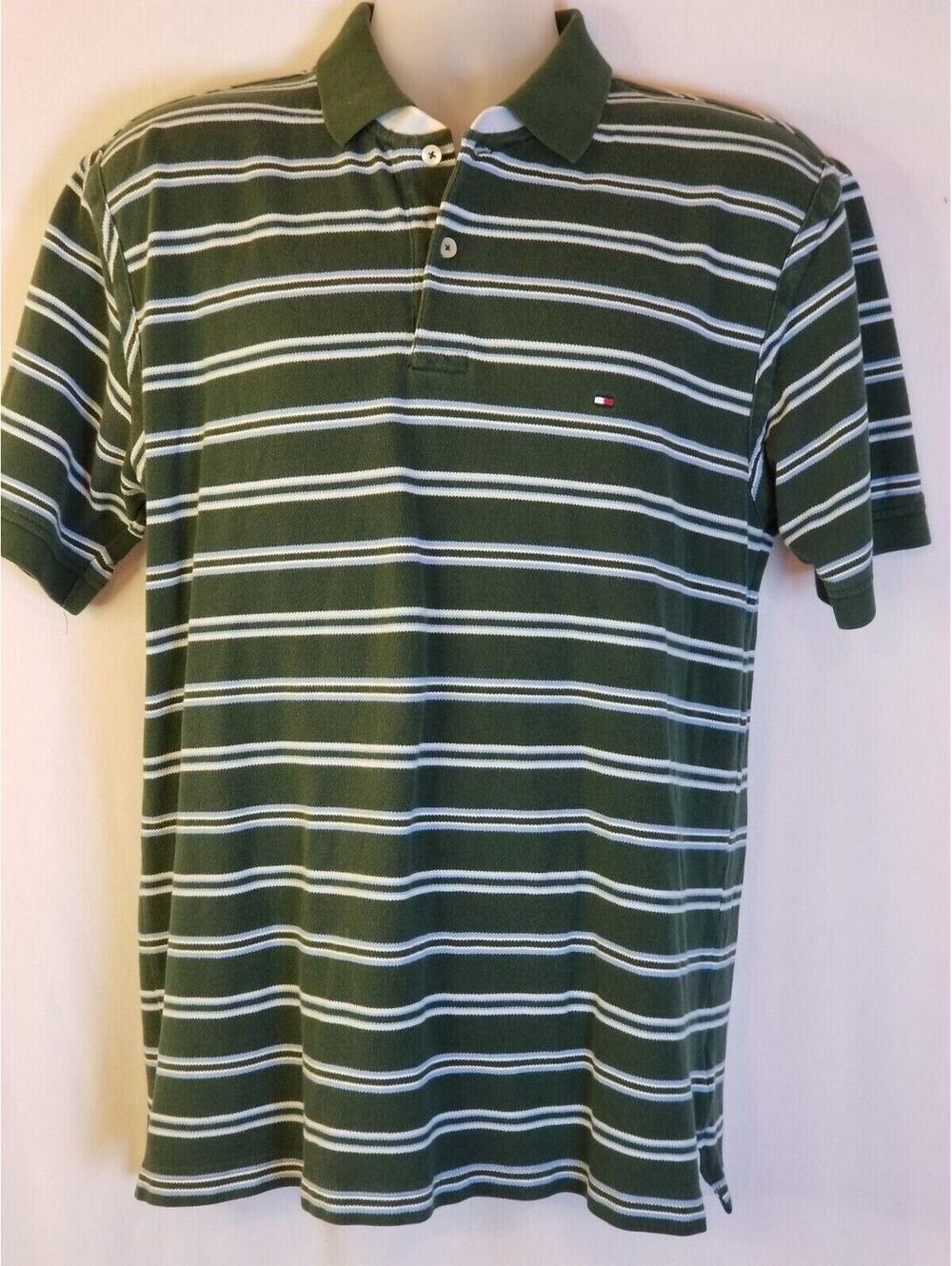 Tommy Hilfiger Polo Shirt Mens Green Striped Short Sleeve Size Large
